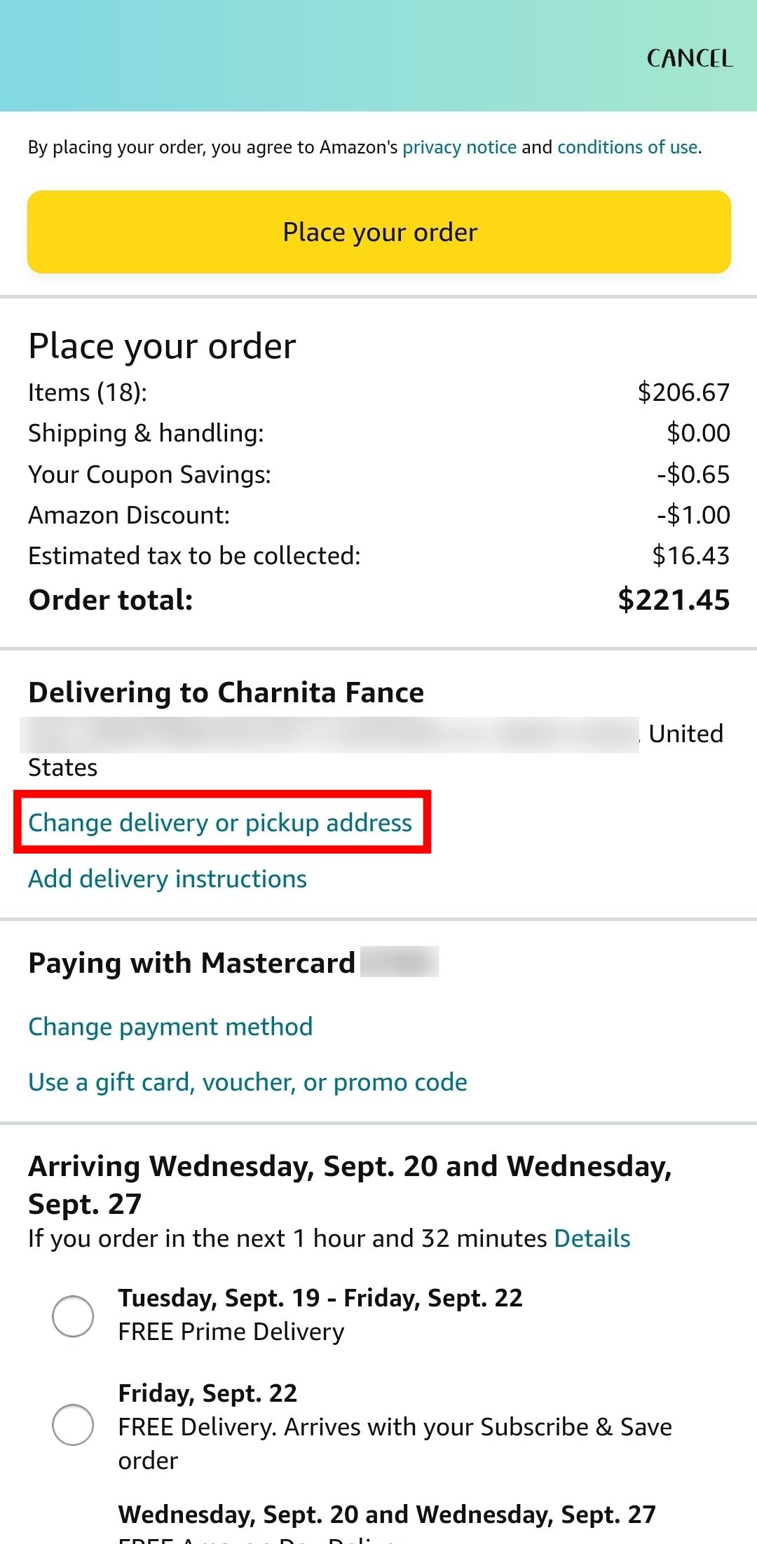 contorno de retângulo vermelho sobre Alterar endereço de entrega ou retirada no aplicativo móvel da Amazon na finalização da compra