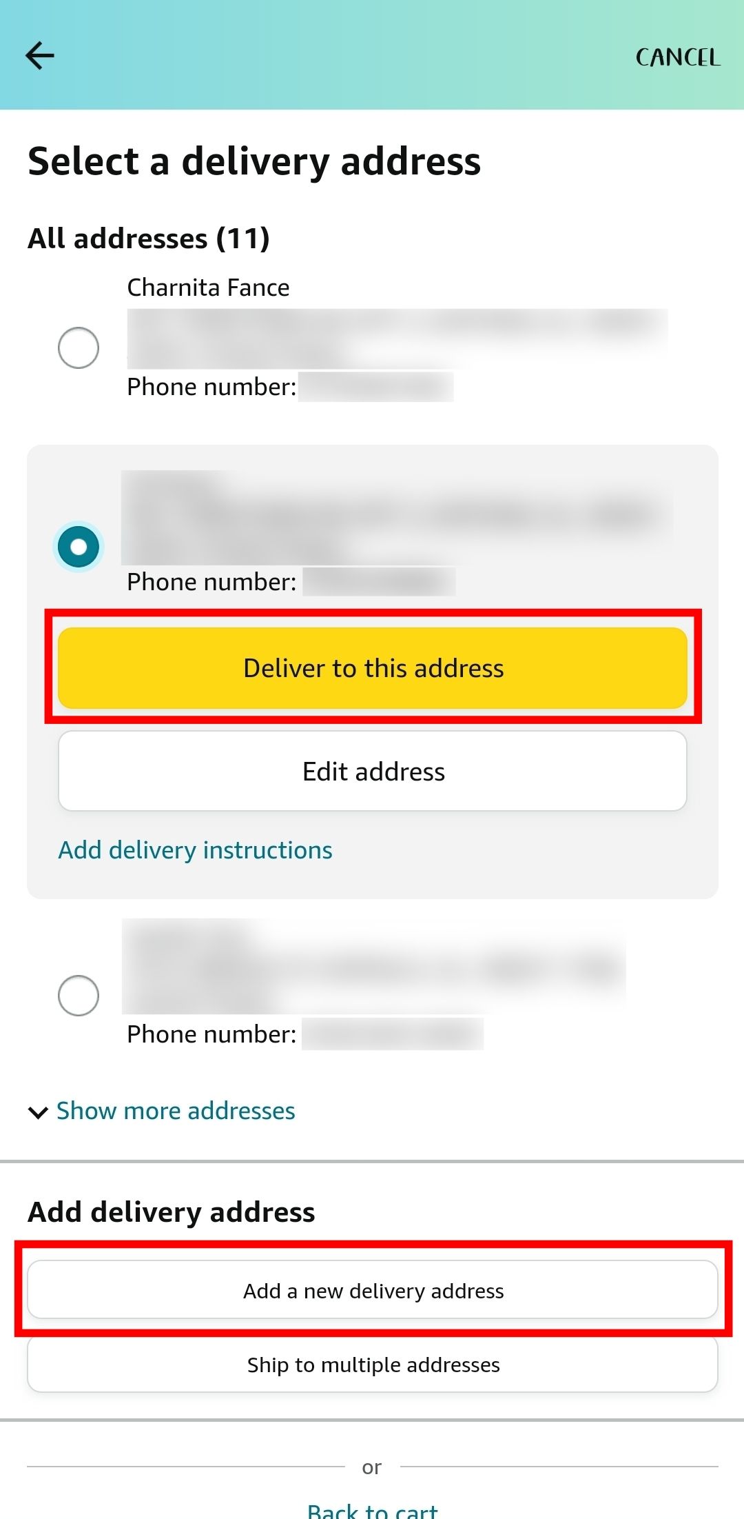 contornos de retângulo vermelho sobre Escolha um novo endereço ou selecione adicionar um novo endereço de entrega no aplicativo móvel da Amazon na finalização da compra