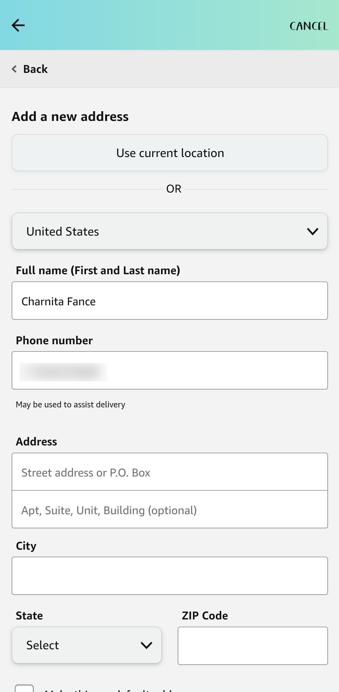 Adicione uma nova página de endereço na finalização da compra da Amazon no aplicativo móvel