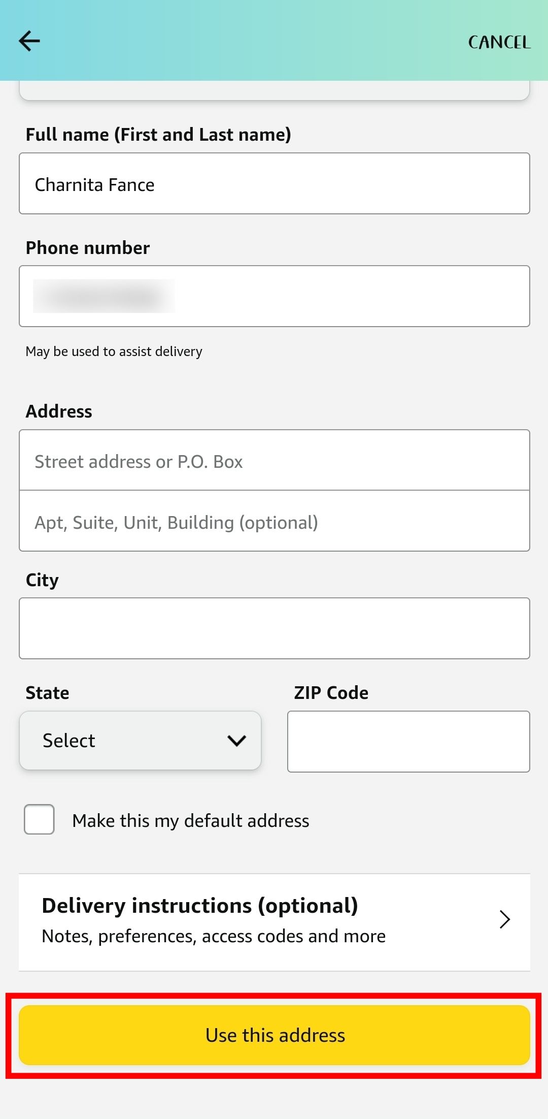 contorno de retângulo vermelho sobre o uso deste endereço na página Adicionar um novo endereço na finalização da compra da Amazon no aplicativo móvel