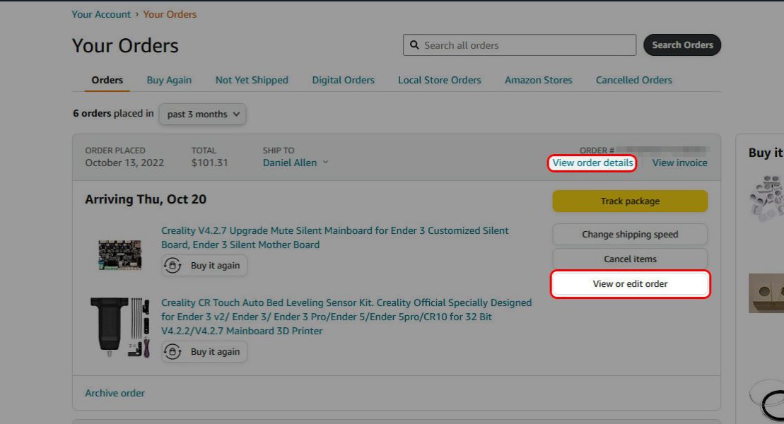 contornos de retângulo vermelho sobre os detalhes do pedido e visualização ou edição do pedido na sua página de pedidos no site da Amazon