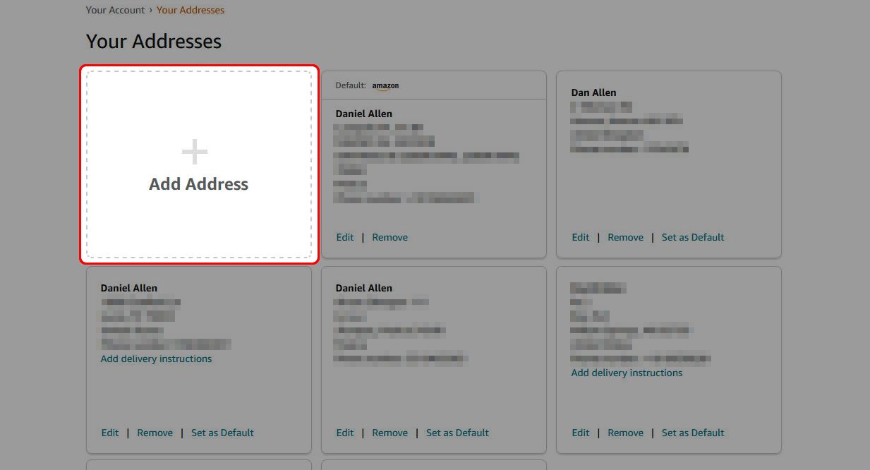 contorno de retângulo vermelho sobre Adicionar endereço na página Seus endereços no site da Amazon