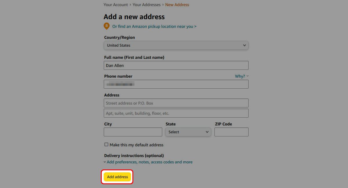 contorno de retângulo vermelho sobre o botão adicionar endereço na página adicionar um novo endereço no site da Amazon