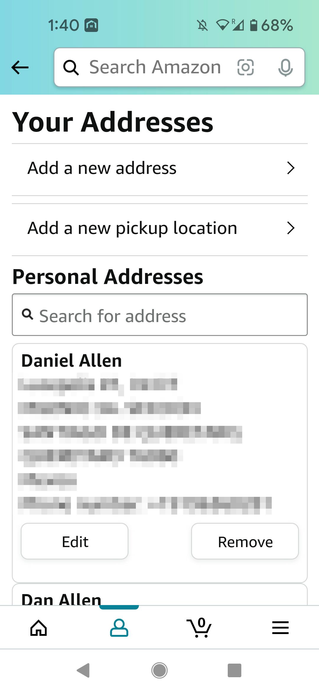 Adicione um novo endereço na página Seus endereços no aplicativo móvel Amazon