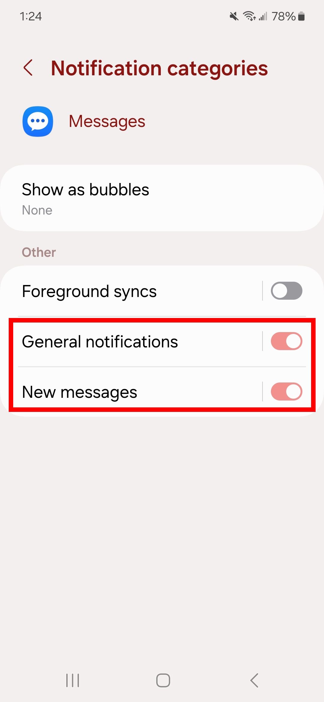 Contorno de retângulo vermelho sobre notificações gerais e novas mensagens em categorias de notificação no Samsung Mensagens em um telefone Samsung