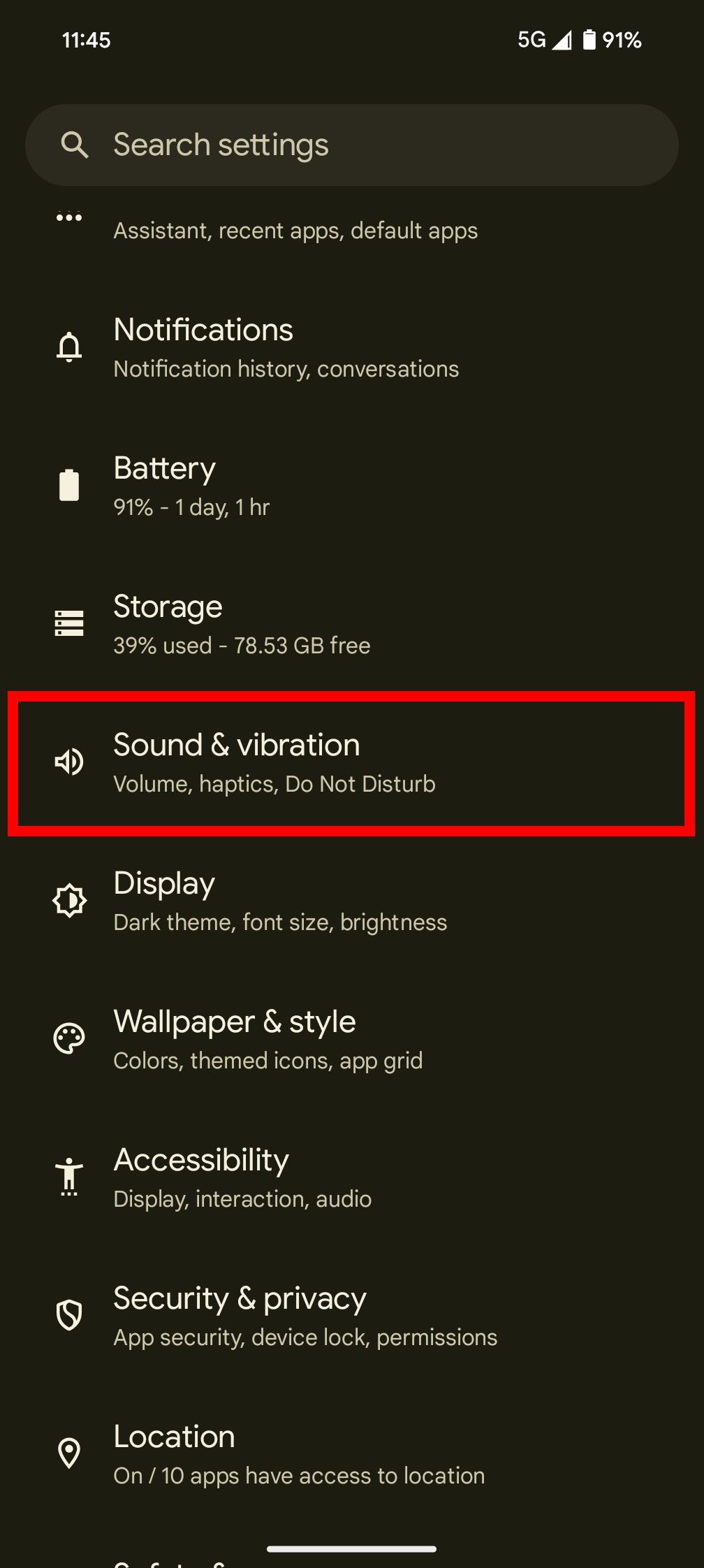 Contorno de retângulo vermelho sobre Som e vibração nas configurações do Android
