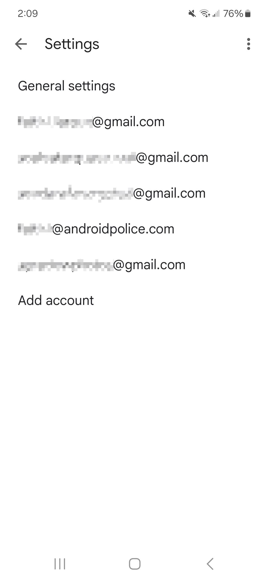 Lista de endereços de e-mail conectados ao aplicativo Gmail em configurações
