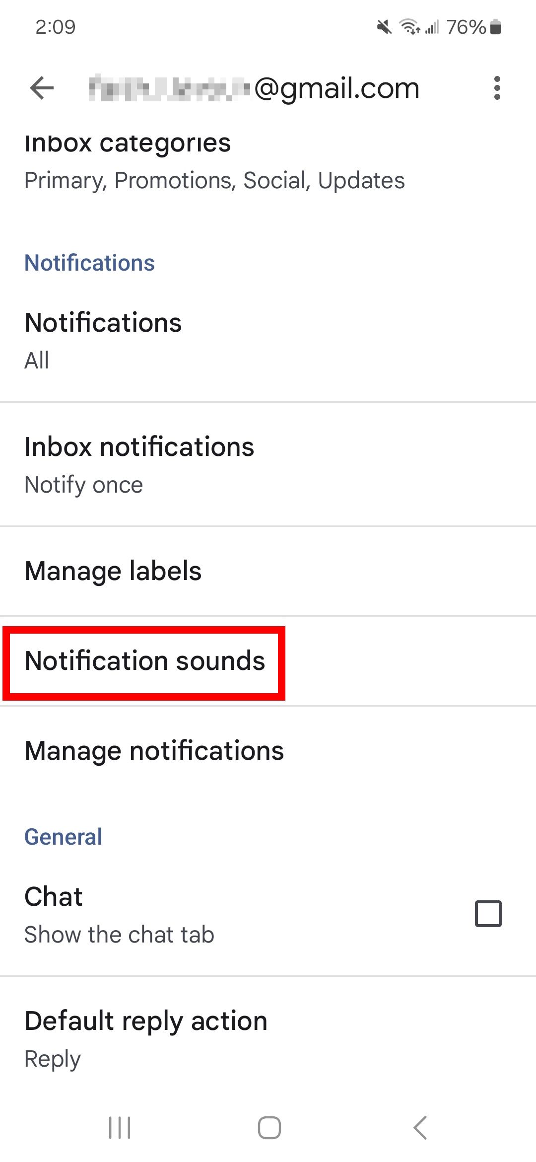 Contorno de retângulo vermelho sobre sons de notificação nas configurações de e-mail no aplicativo Gmail