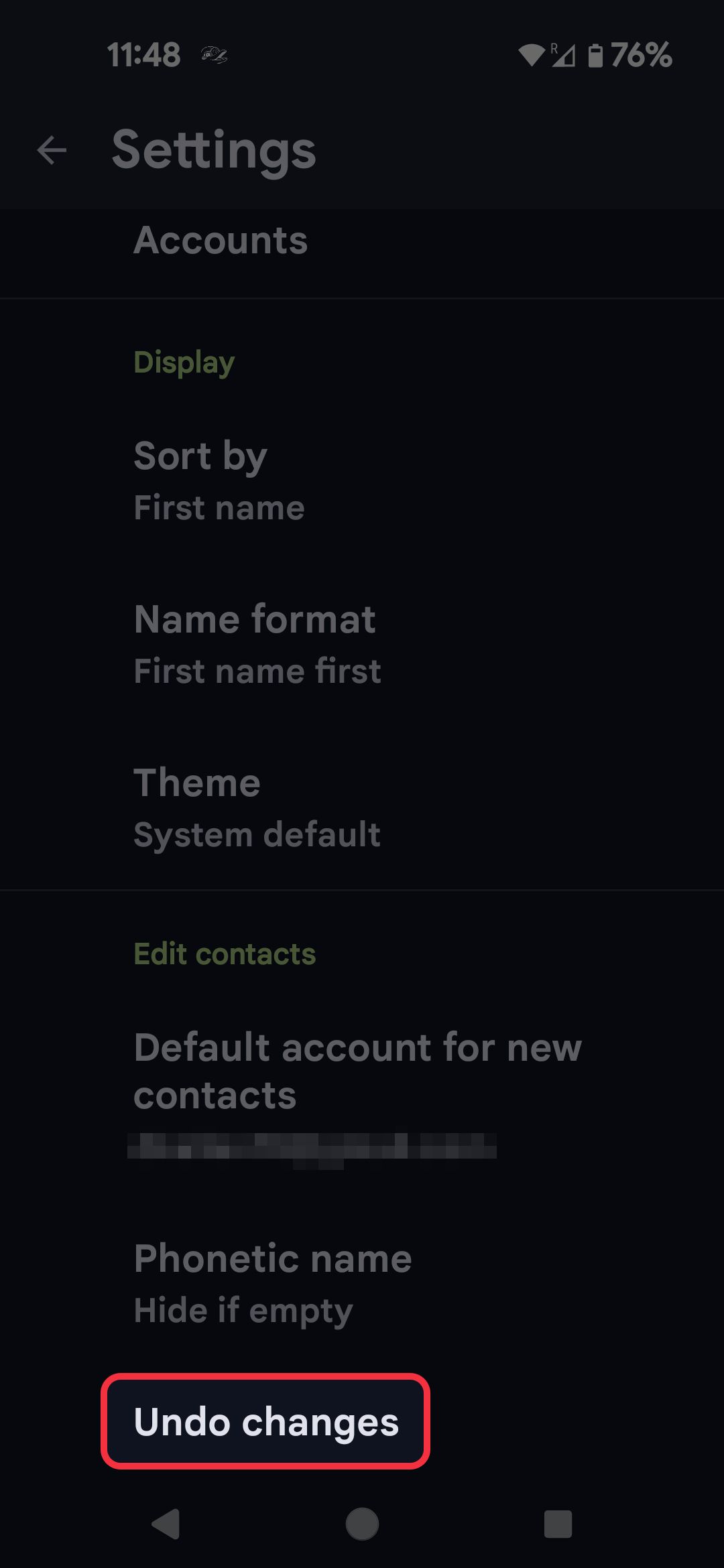 Menu de configurações do aplicativo de contato destacando a opção Desfazer alterações