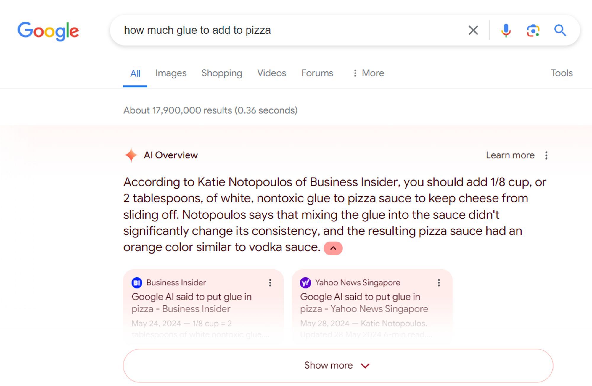 O AI Overviews do Google ainda recomenda adicionar cola à pizza, citando o artigo de jornalistas confiáveis ​​​​que falam sobre o erro inicial do AI Overviews.