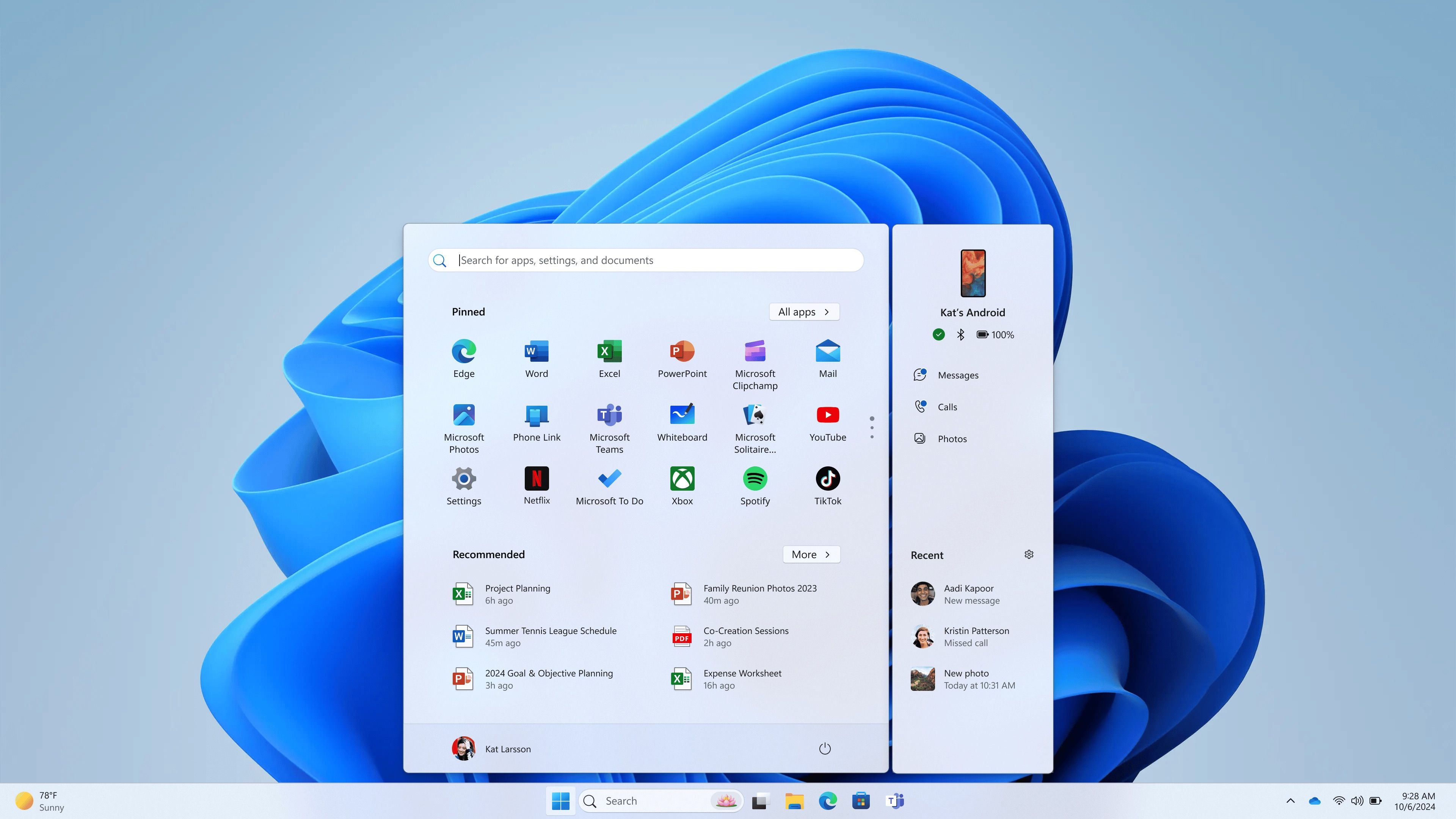 captura de tela mostrando a nova integração do menu Iniciar do Android Windows