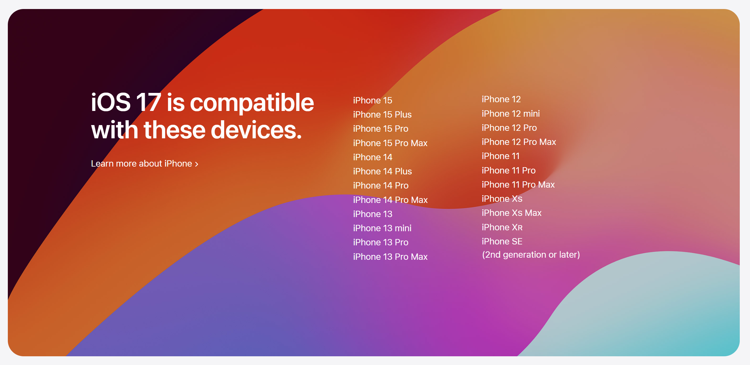Um gráfico que mostra quais telefones são compatíveis com iOS 17.