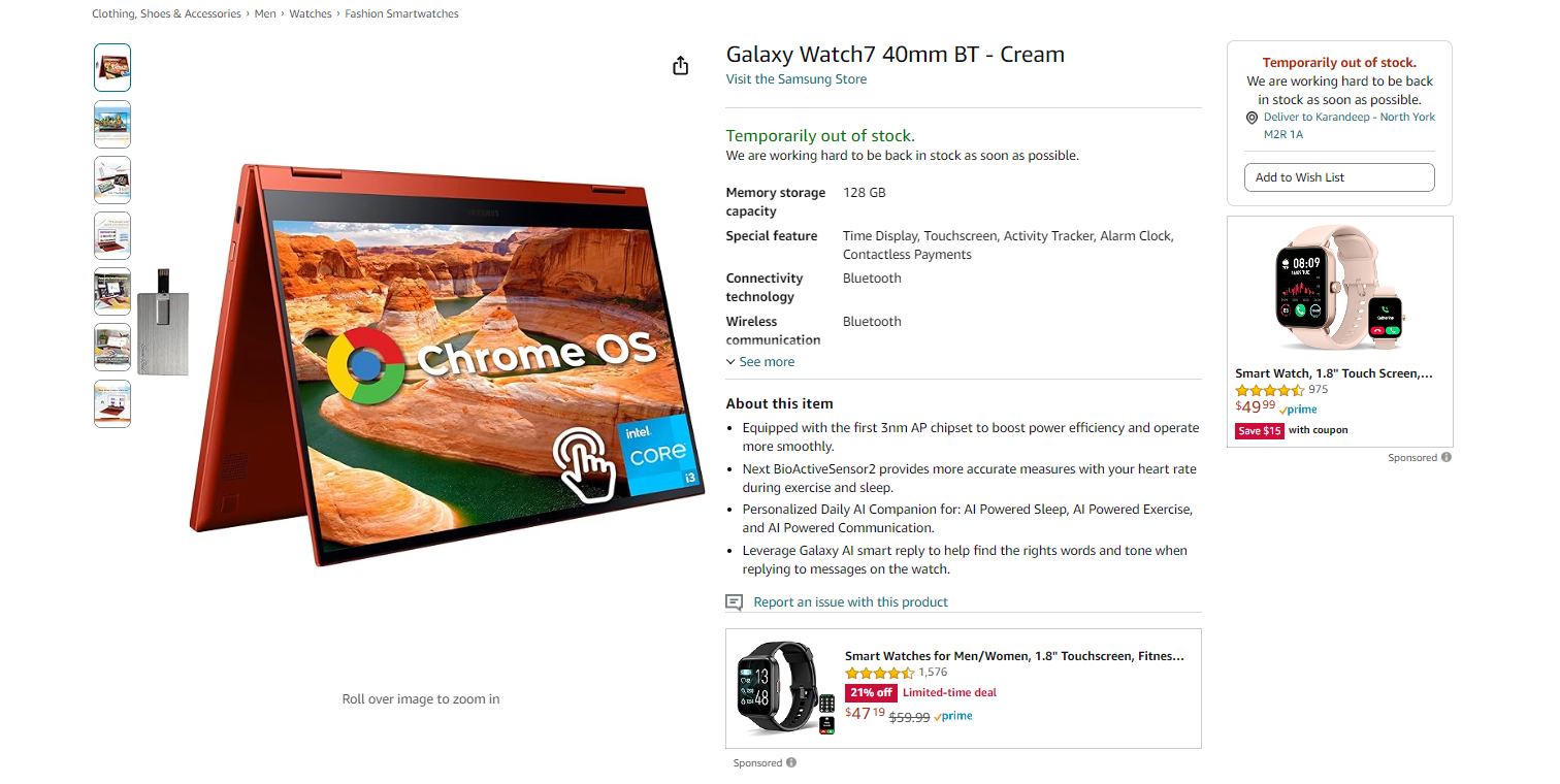 Uma captura de tela da lista inicial do Galaxy Watch 7 na Amazon destacando alguns de seus recursos e especificações.
