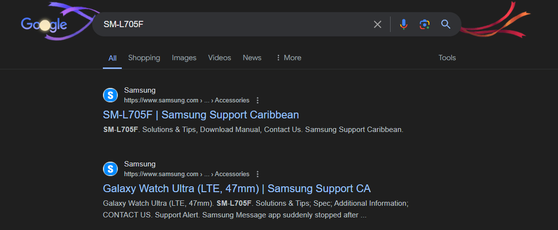 Captura de tela de uma pesquisa no Google com o número do modelo do Galaxy Watch Ultra.  Os dois primeiros resultados levam à página de suporte da Samsung.