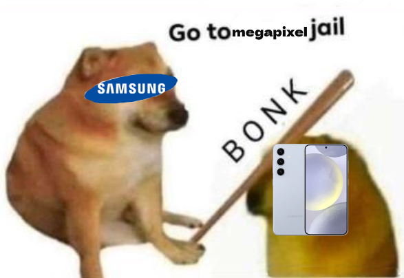 Um meme de um cachorro (Samsung) batendo em outro cachorro (o S25) com o texto "vá para a prisão de megapixels."