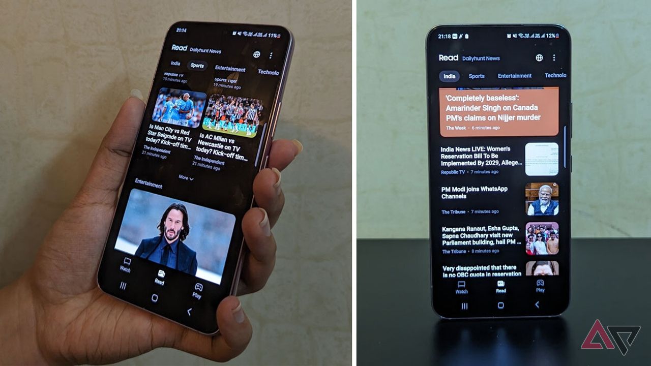 Duas imagens lado a lado de um smartphone com Samsung News