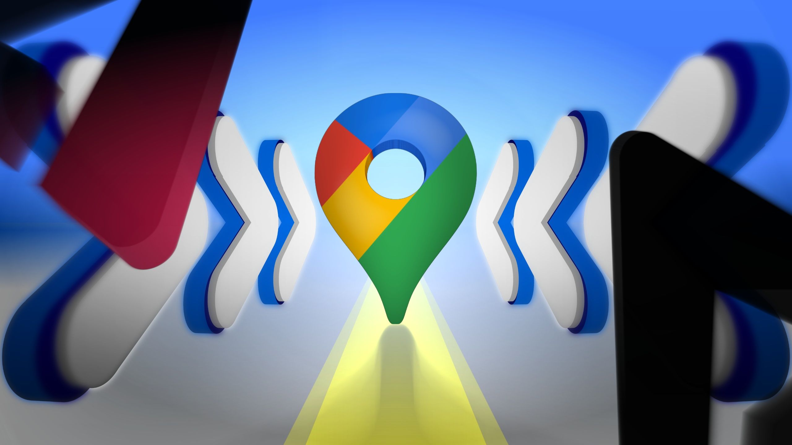 Ícone do Google Maps em uma linha amarela com fundo azul, cercado por setas brancas e A e P do logotipo do Android Police.