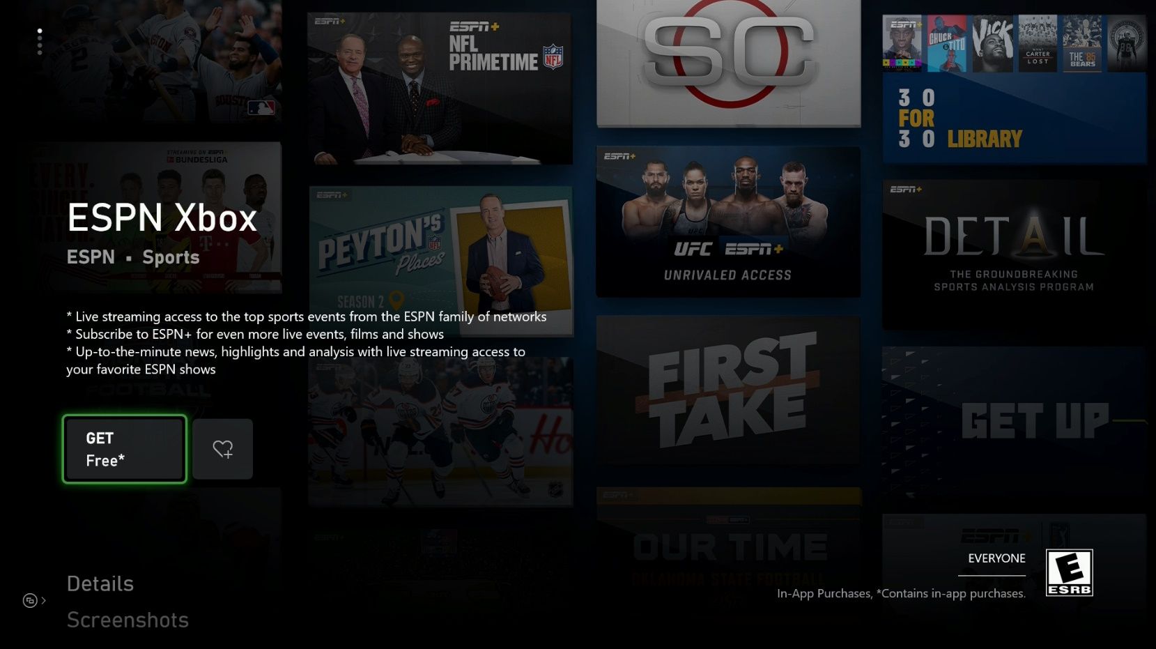 O aplicativo ESPN gratuito na loja de aplicativos Xbox