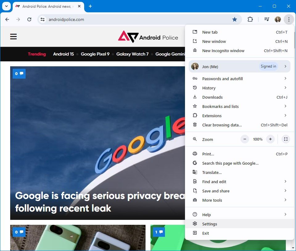 área de trabalho do Google Chrome com menu suspenso de configurações