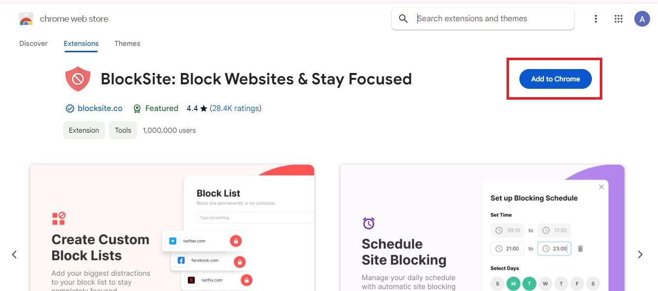 Captura de tela destacando Adicionar ao Chrome na página BlockSite no Chrome