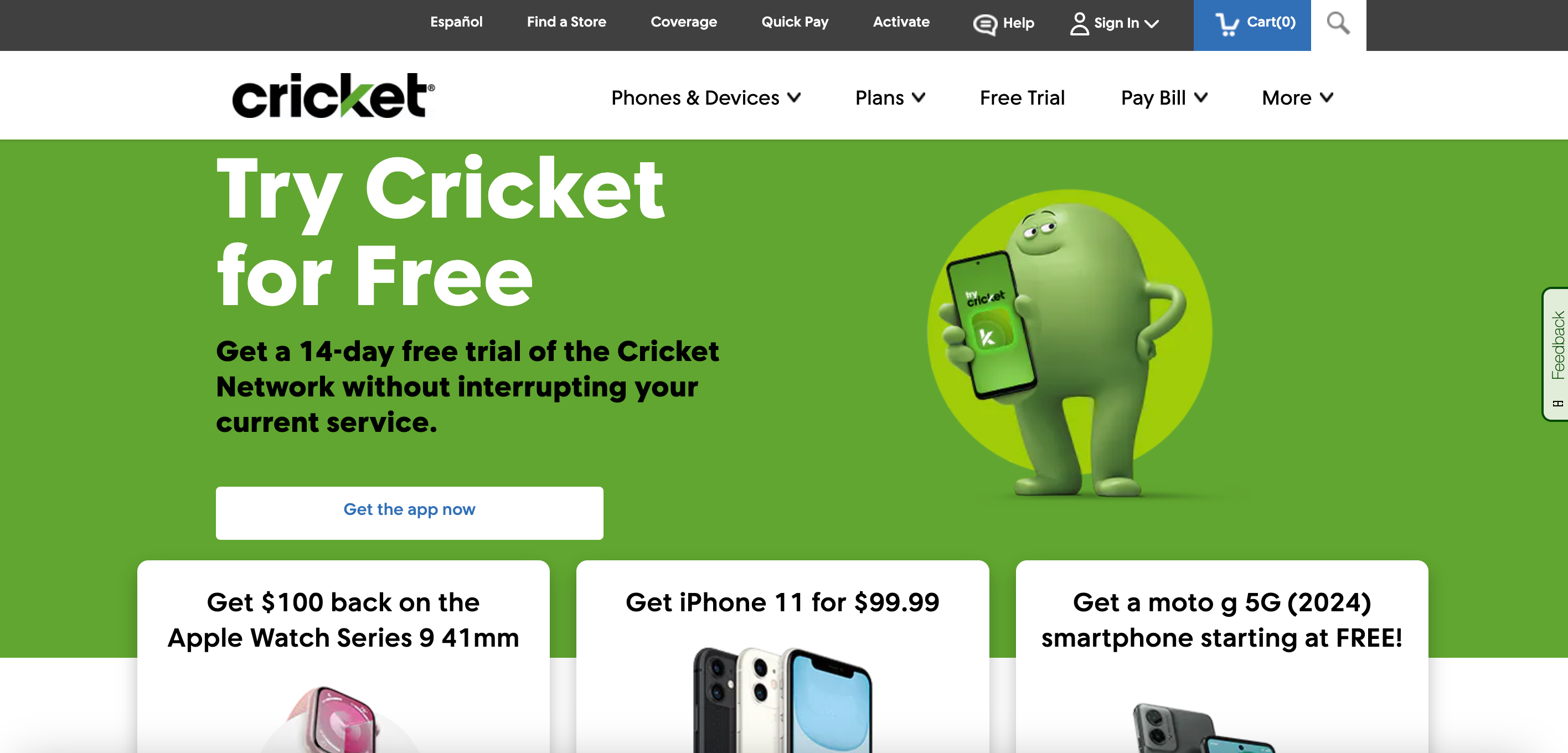 Página inicial do Cricket Wireless