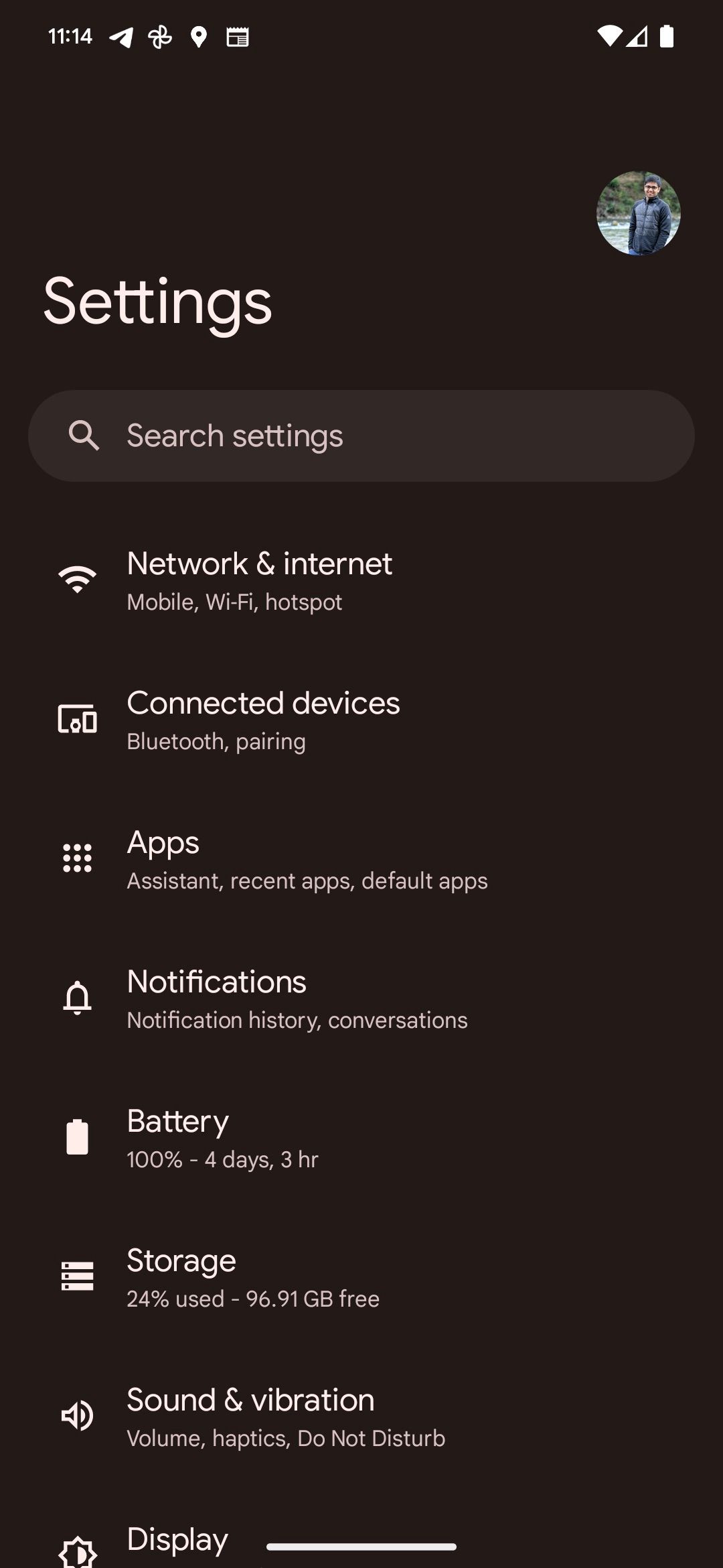 Captura de tela do menu Configurações no telefone Google Pixel