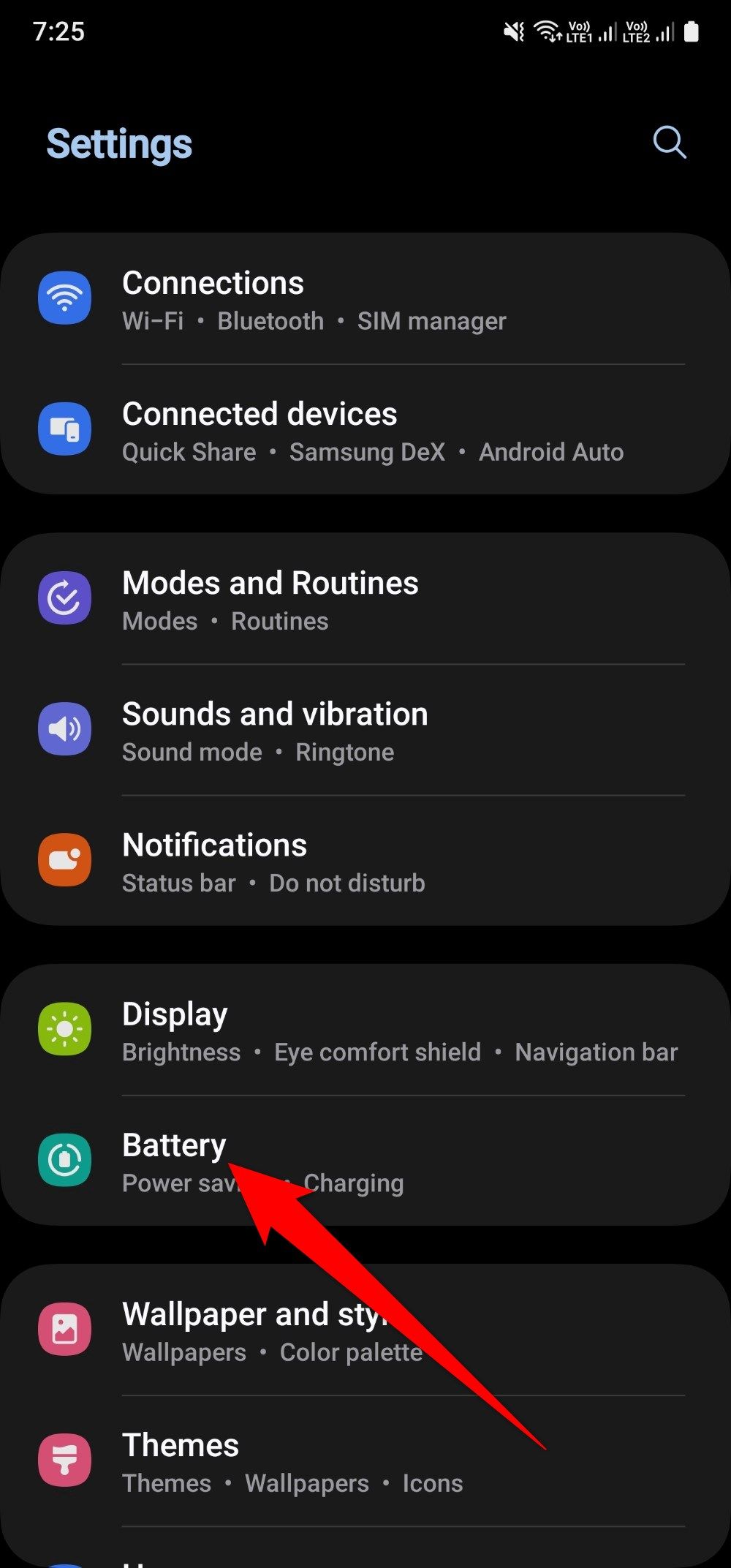 Configurações de bateria em um telefone Samsung Galaxy A15 5G