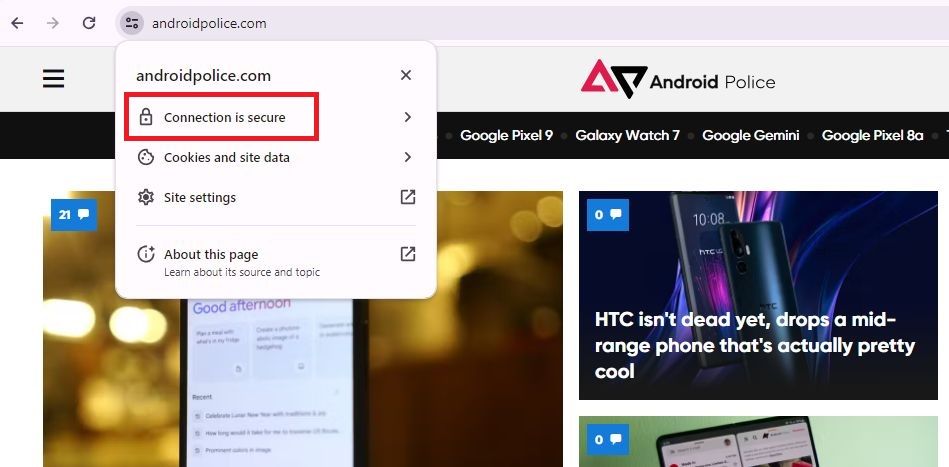 Captura de tela destacando que a conexão é segura no site do Android Police