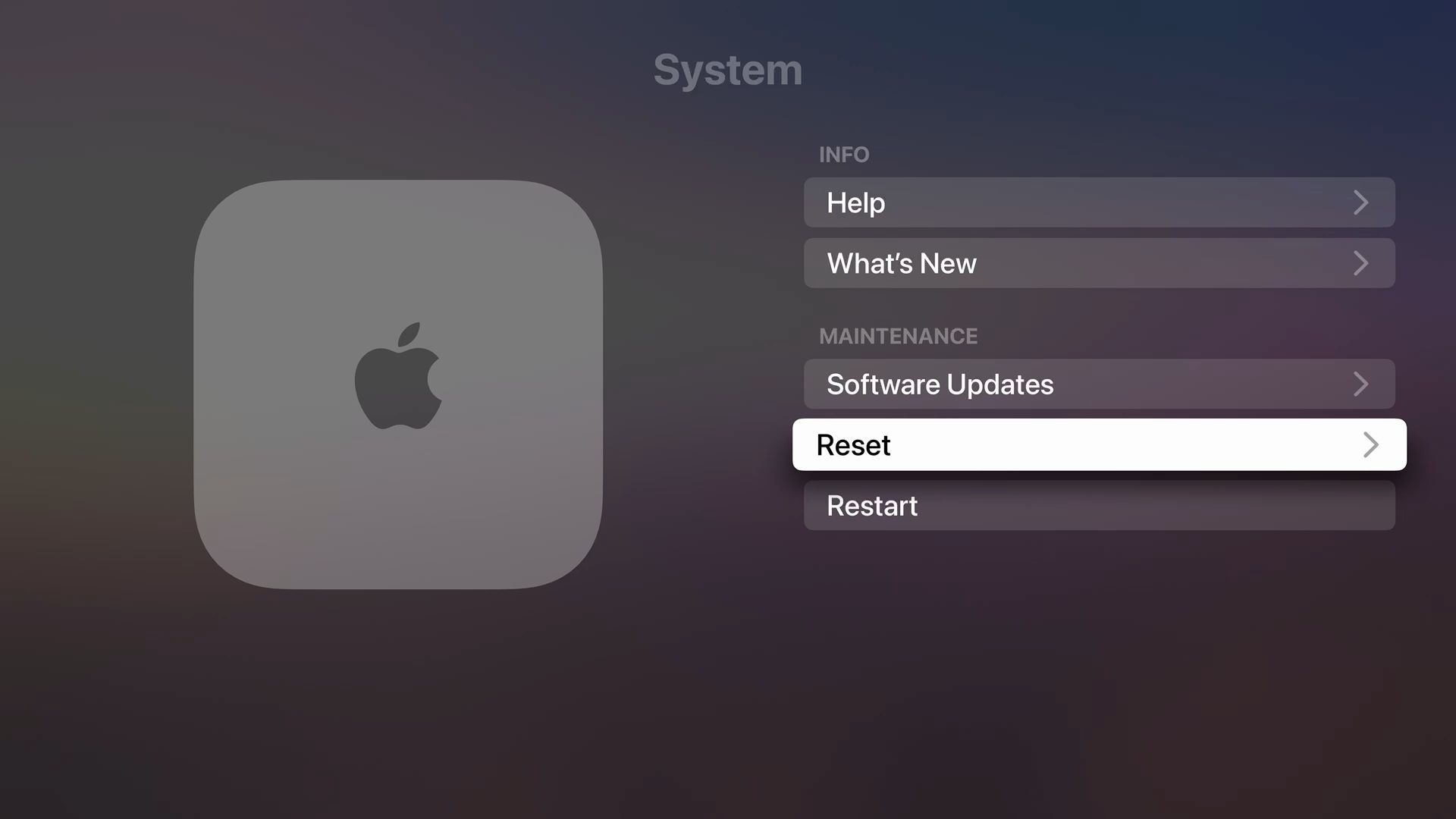 Captura de tela mostrando as configurações gerais da Apple TV