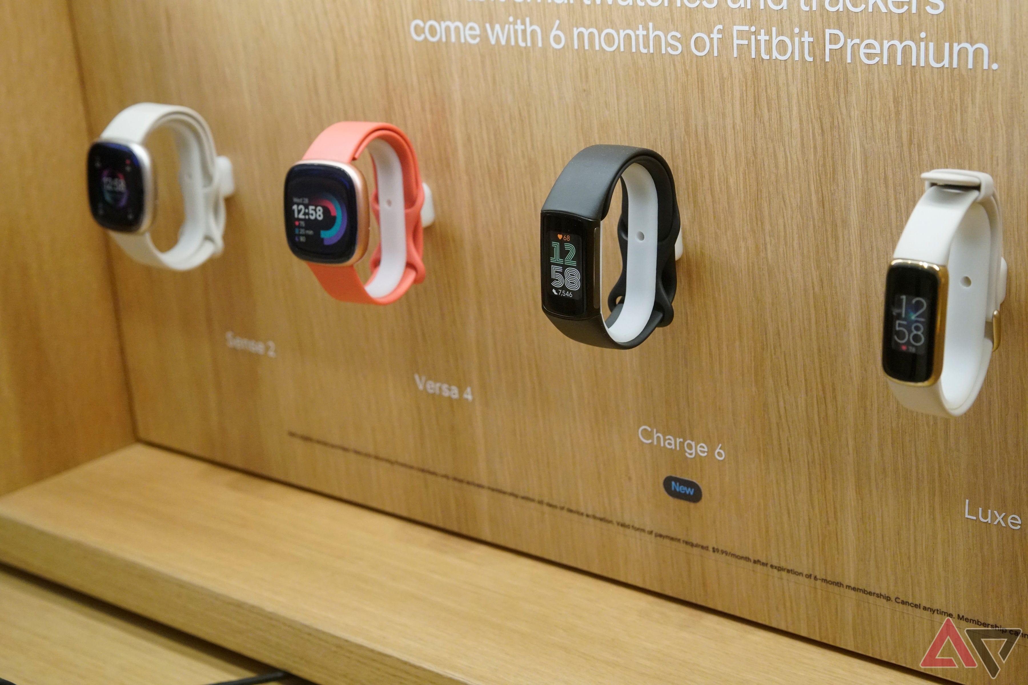 Um display de varejo da Fitbit apresentando os rastreadores Sense 2, Versa 4, Charge 6 e Luxe.