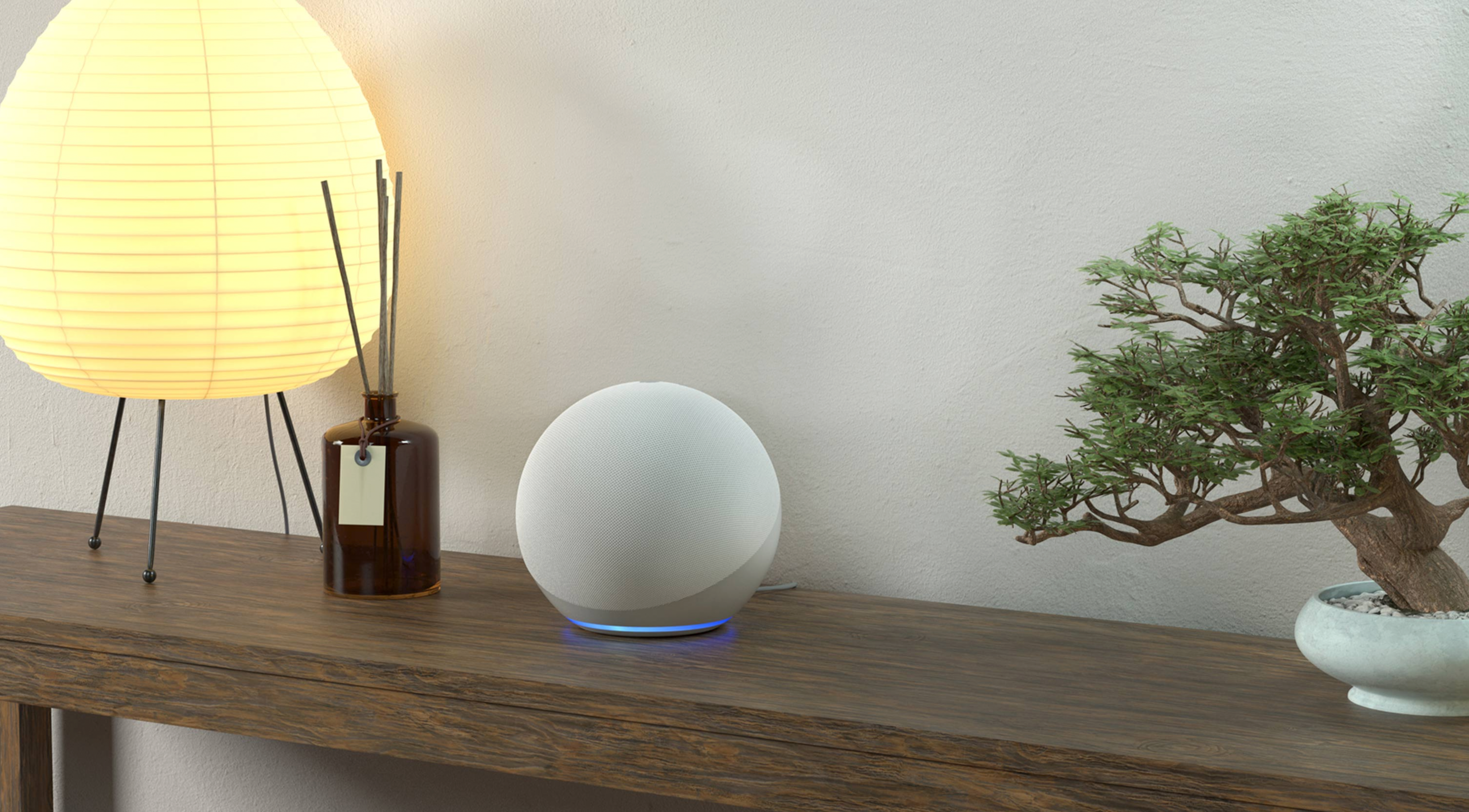 Um alto-falante Amazon Echo de 4ª geração sentado em uma mesa entre uma lâmpada e uma árvore bonsai.