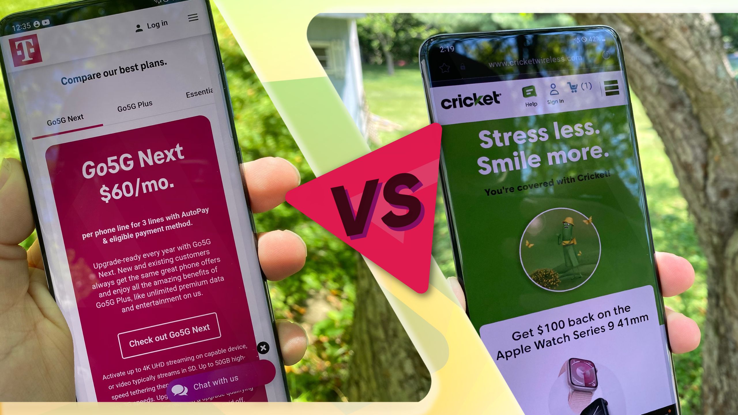 Páginas da web T-Mobile vs. Cricket Wireless em telas de telefone