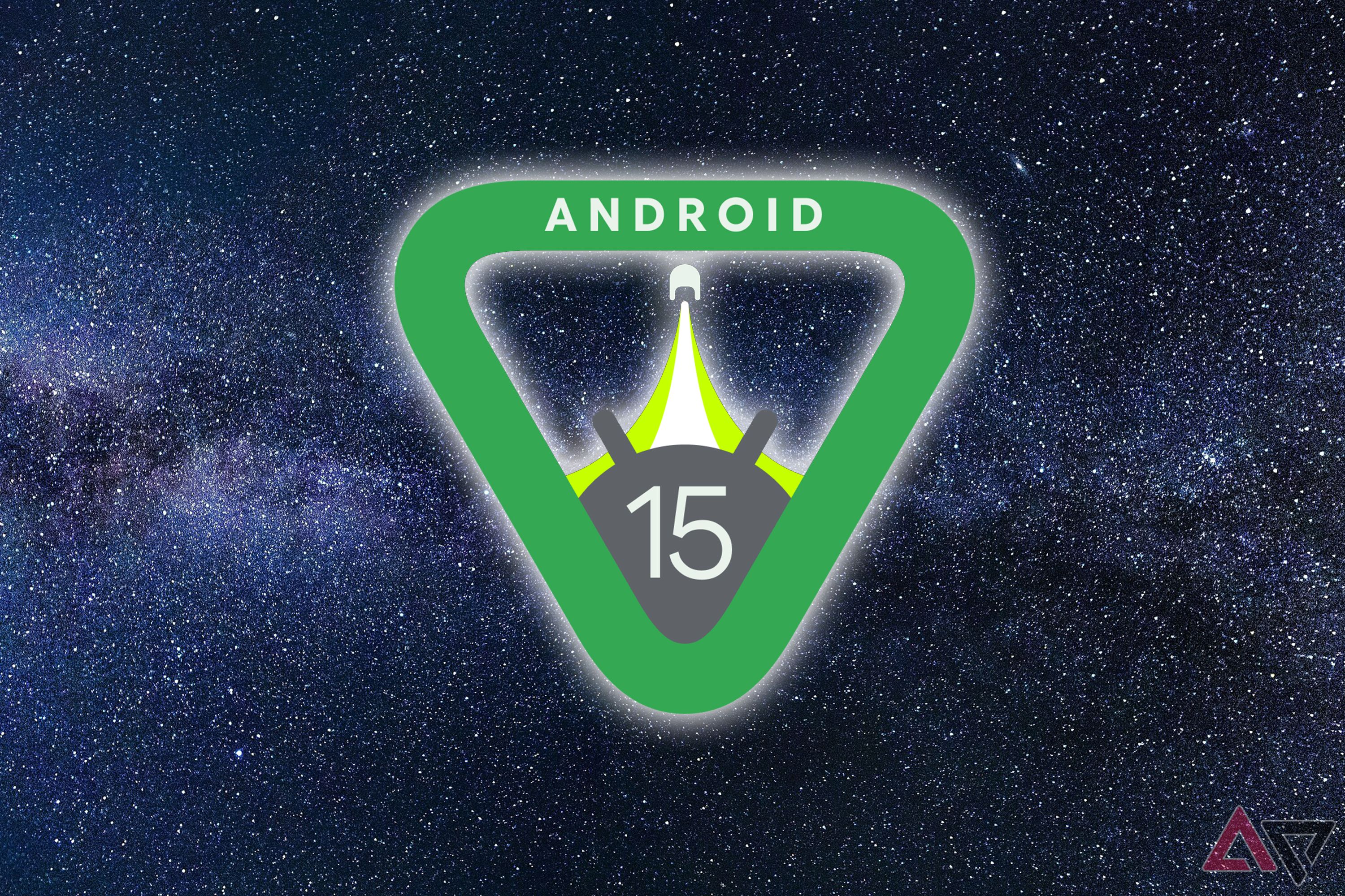 Logotipo do Android 15 sobre uma imagem da Via Láctea