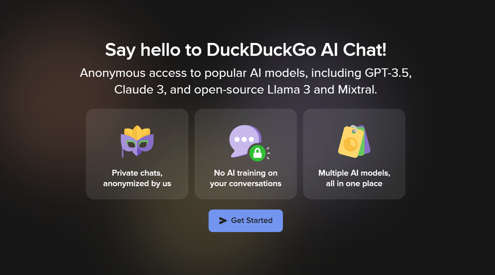 Tela de boas-vindas do bate-papo AI do DuckDuckGo