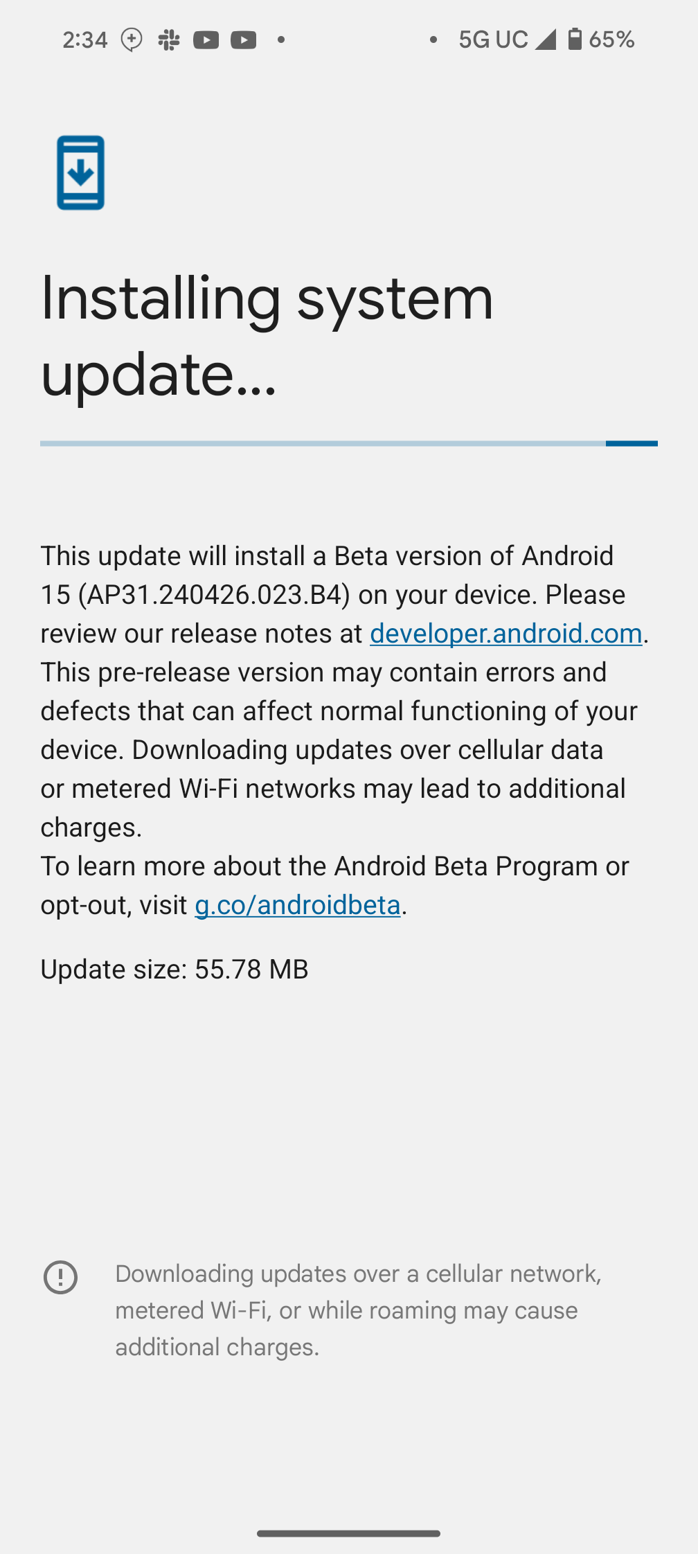 Captura de tela instalando o Android 15 Beta 2.2 em um Pixel 8 Pro