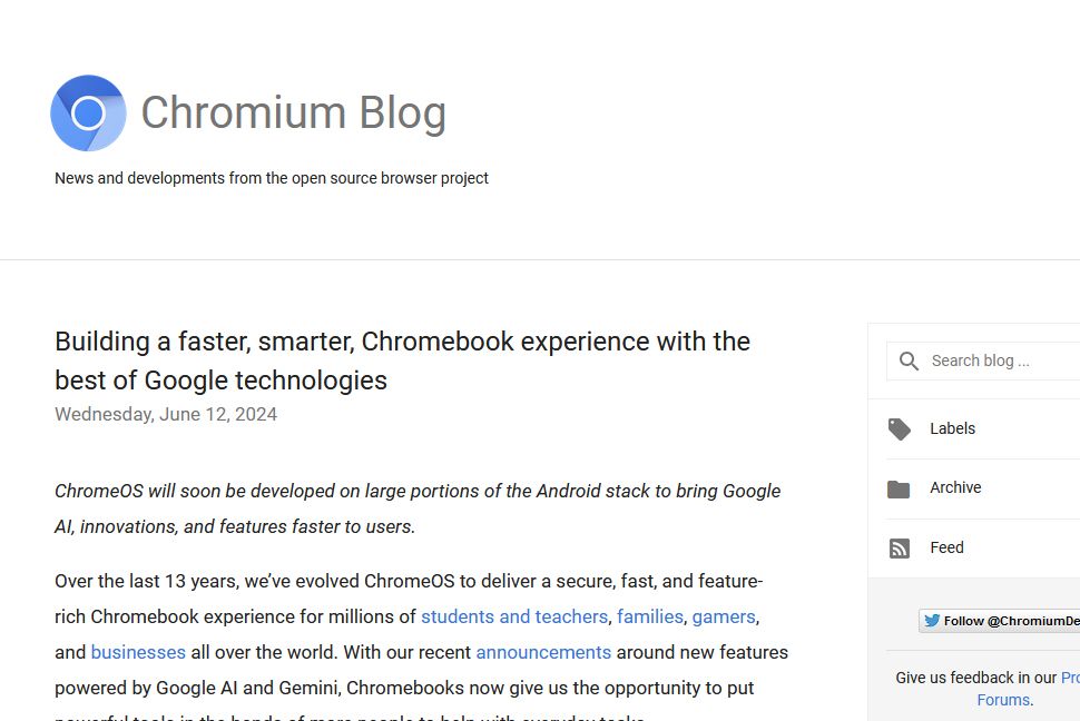 Postagem do Chromium Blog anunciando integração entre ChromeOS e Android