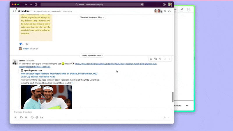 Uma animação mostrando a janela do navegador Little Arc abrindo ao clicar em um link no Slack