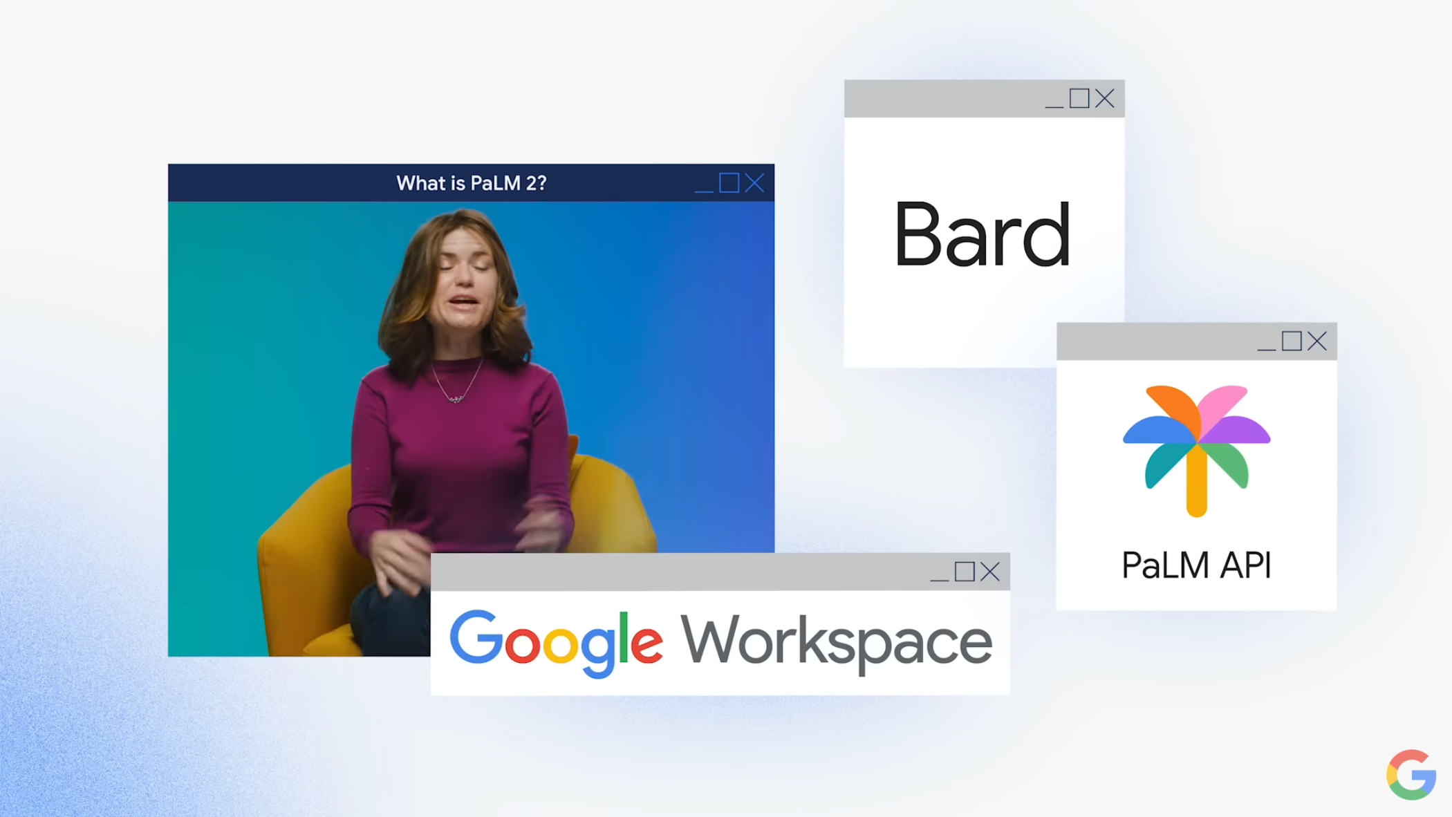 A apresentação mostra ícones PaLM para Bard e Workspace.