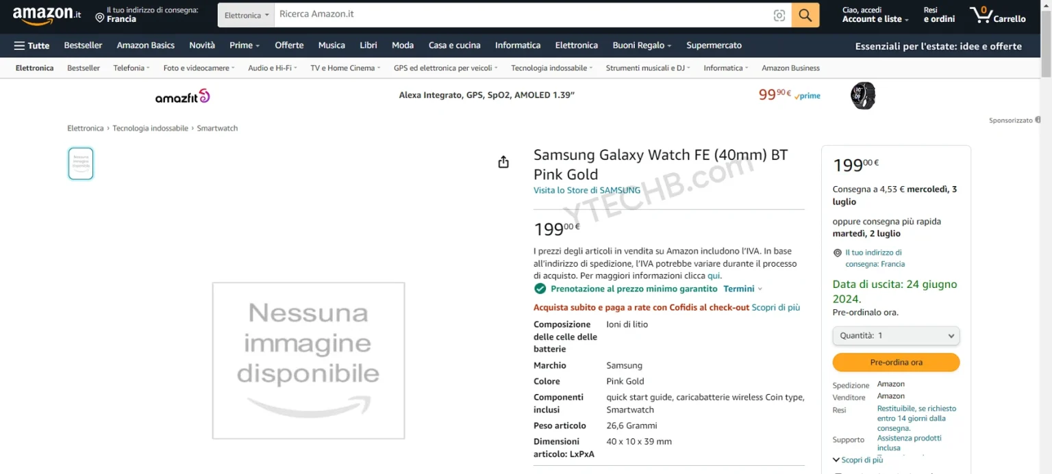 Uma captura de tela da listagem do Samsung Galaxy Watch FE na Amazon