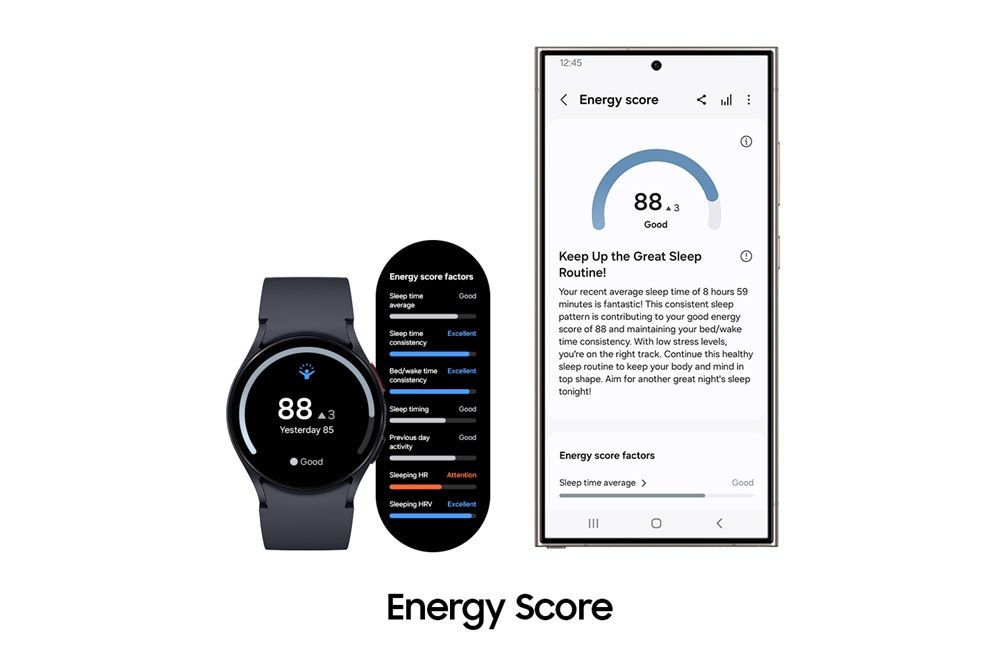 Um Samsung Galaxy Watch e um telefone Samsung Galaxy exibindo o novo recurso Energy Score.