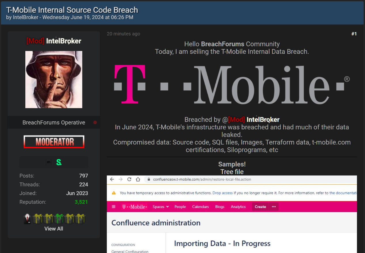 Uma captura de tela da listagem relatada pela IntelBroker de dados violados da T-Mobile.