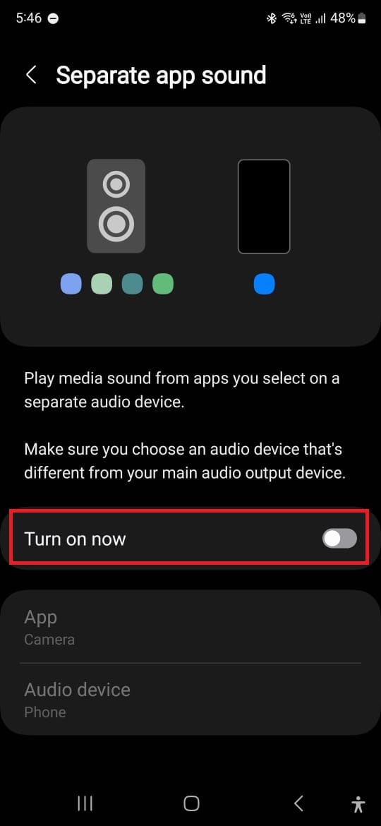 Captura de tela destacando o botão de alternância ao lado de Ativar agora em um telefone Samsung