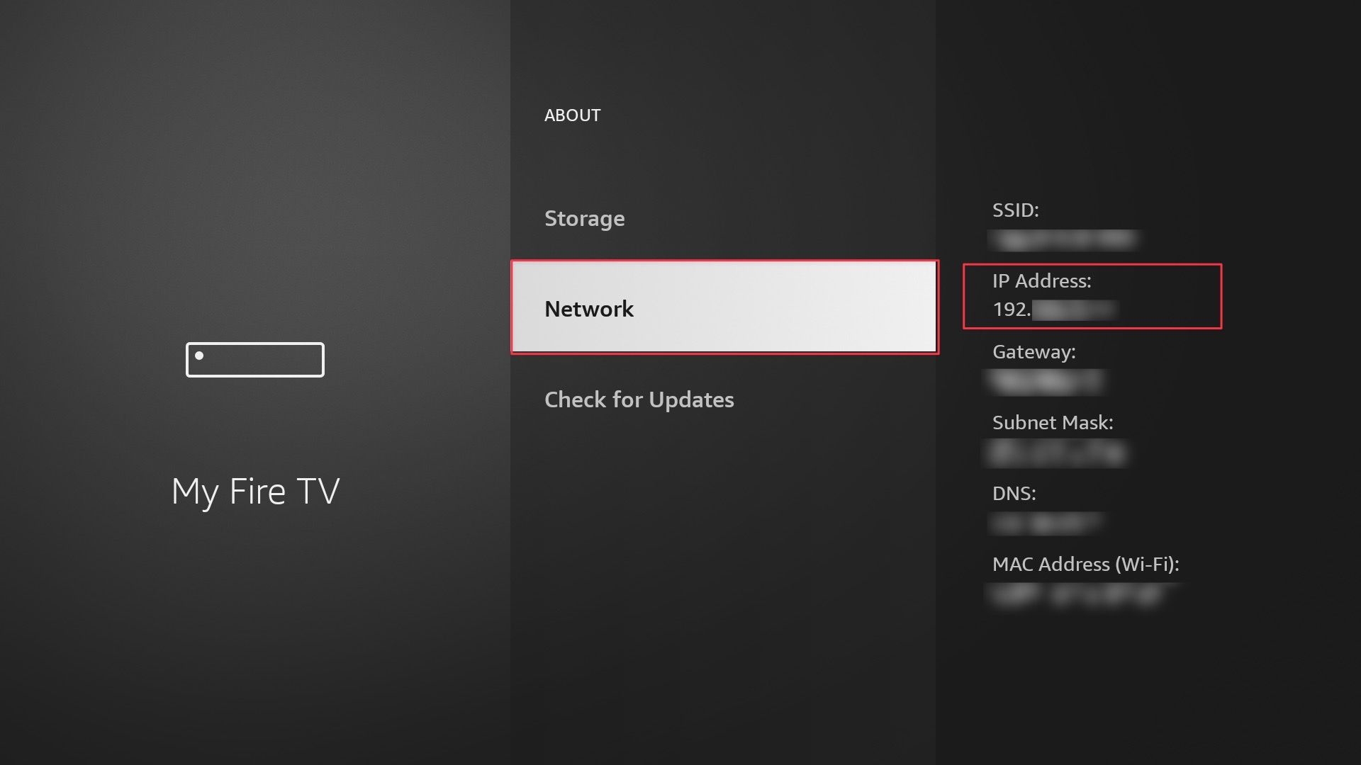 Página de configurações de rede da Fire TV mostrando o endereço IP