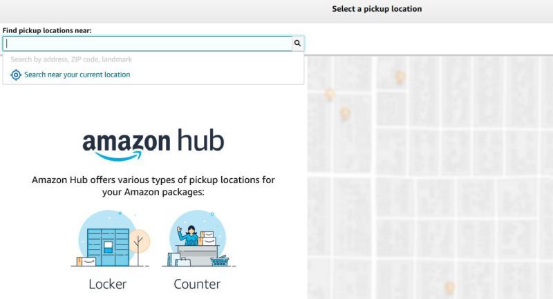 Uma captura de tela da página Amazon Hub Find Location