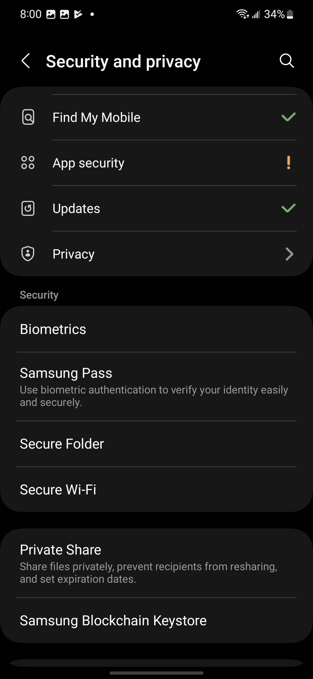 A seção Segurança e Privacidade do aplicativo Configurações em um telefone Samsung
