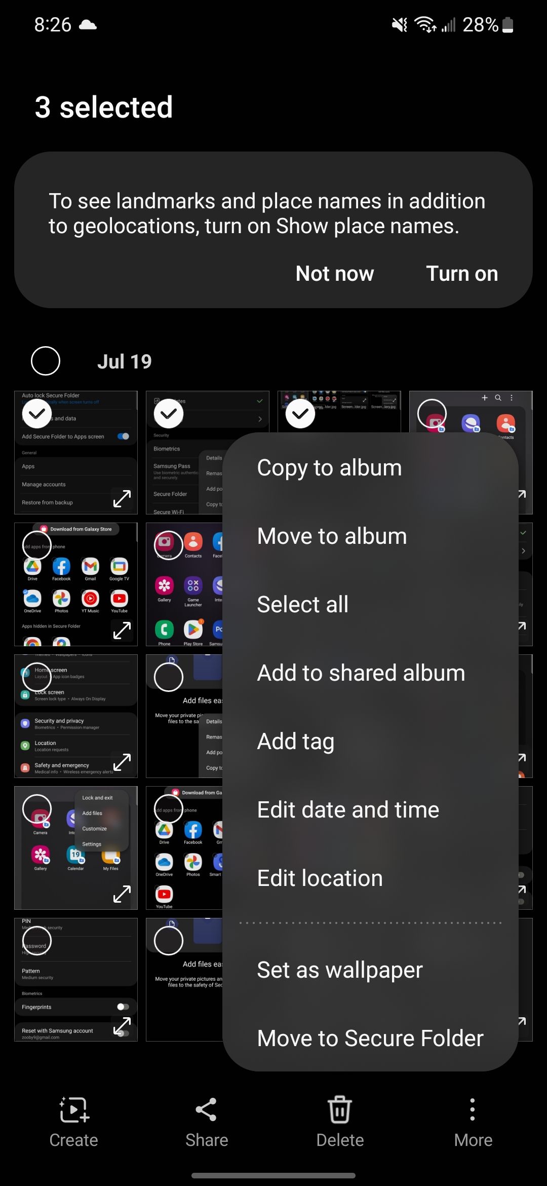 Várias imagens selecionadas no aplicativo Samsung Gallery com o menu de opções aberto e o "Mover para pasta segura" opção visível