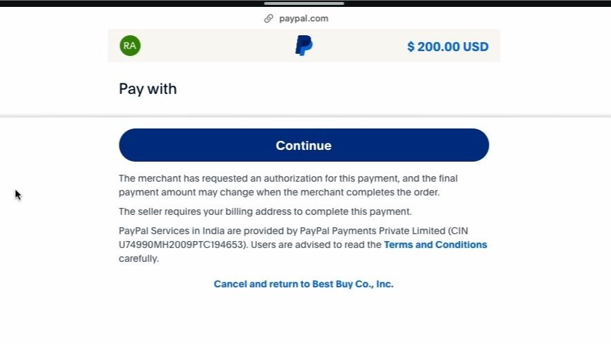 Página de pagamento do PayPal mostrando o valor da compra