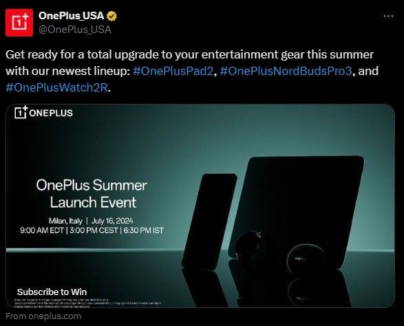 Uma captura de tela do tweet da OnePlus (conta dos EUA) sobre seu próximo evento.