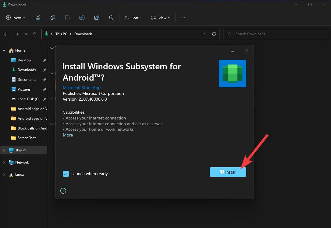 A tela para instalar o aplicativo Windows Subsystem para Android