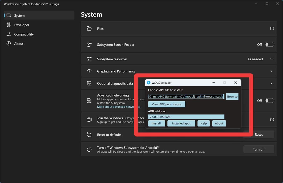 A tela principal ao usar o aplicativo WSA Sideloader para instalar aplicativos Android no Windows 11